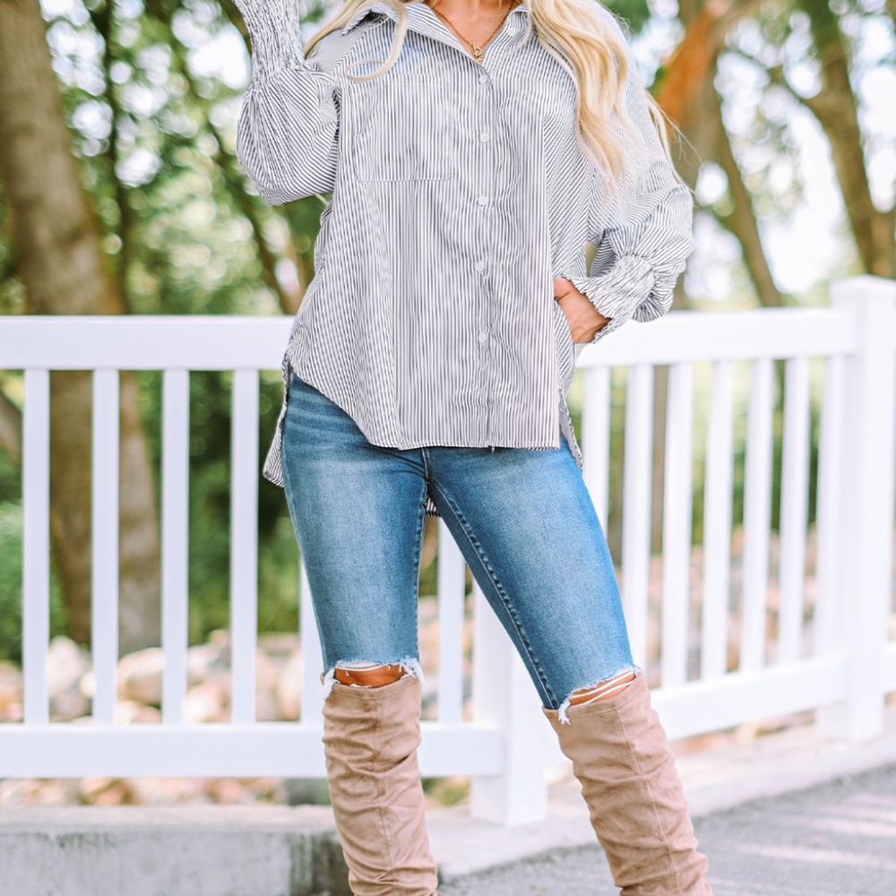 Smocked Cuffed Striped Boyfriend Shirt with Pocket - Picture 6 of 14